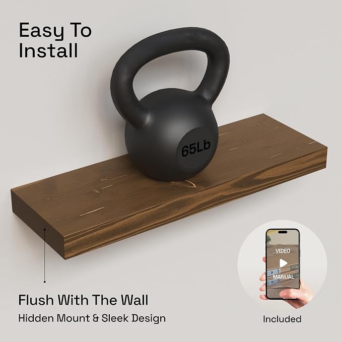 BAOBAB WORKSHOP Wood Floating Shelves for Wall 20 Inch, Solid Real Wooden Bathroom Shelf, Heavy Duty Wall Shelf Mounted 20 in Kitchen Rustic Farmhouse, Walnut Floating Shelves, 20W × 6.7D, Set of 2