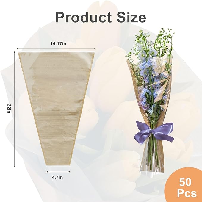 Gainspra 50pcs Flower Bags for Bouquets, 22x14x4.7'' Large Floral Wrapping Sleeves, Brown Kraft Papers