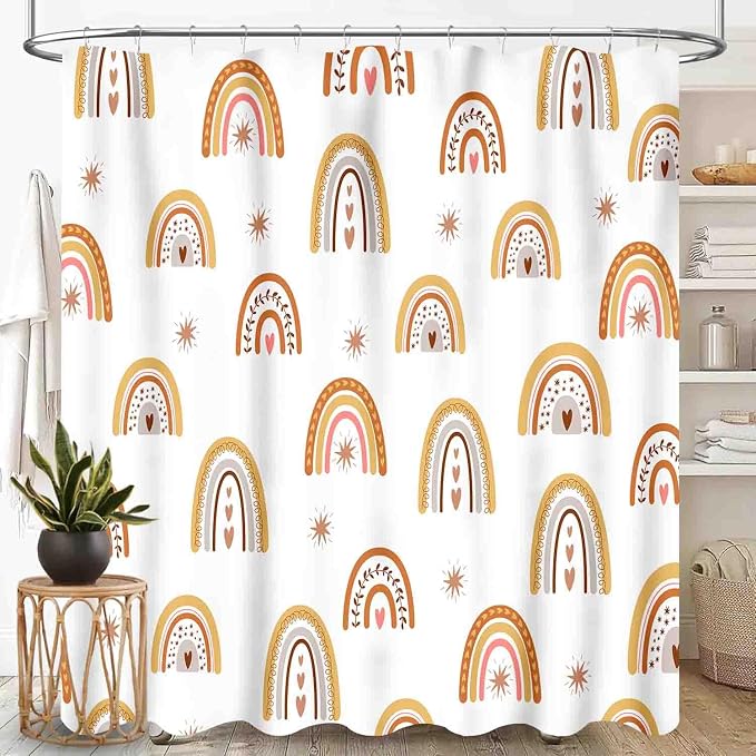 Rainbow Shower Curtain, Boho Pastel Cute Cartoon Aesthetic Bohemian Art Printed Beige for Kids Girls Baby Waterproof Fabric Bathroom Shower Curtain Set with Hooks, 72"x72" Inch