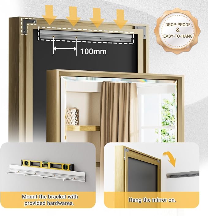 16x60 Inch Brushed Gold Full Length Mirror with Beveled Edges, Anti‑Rust Gold Rectangle Standing or Wall Mounted Full Body Mirror for Bedroom, Living Room, Entryway, Bathroom Wall