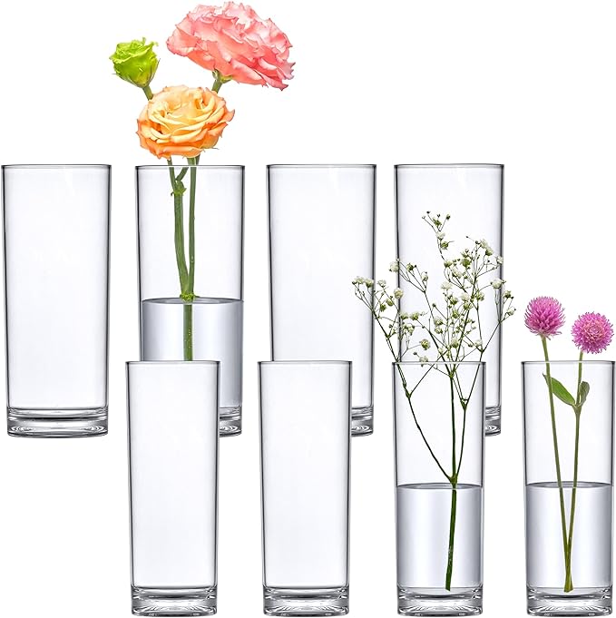 Amazing Abby - Viola Minuto - Plastic Cylinder Vases (8-Piece Set), Acrylic Flower Vases for Wedding Centerpieces, Home Decorations, Office Ornaments, Shatter-Proof, 6" + 7" (H) (Not Glass)
