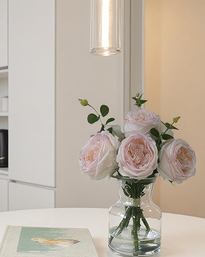 Lifelike Artificial Light Pink Rose Bouquet in Vase - 3D Petals & Stem Design - Table Centerpiece for Wedding, Restaurant, or Home Dining Room