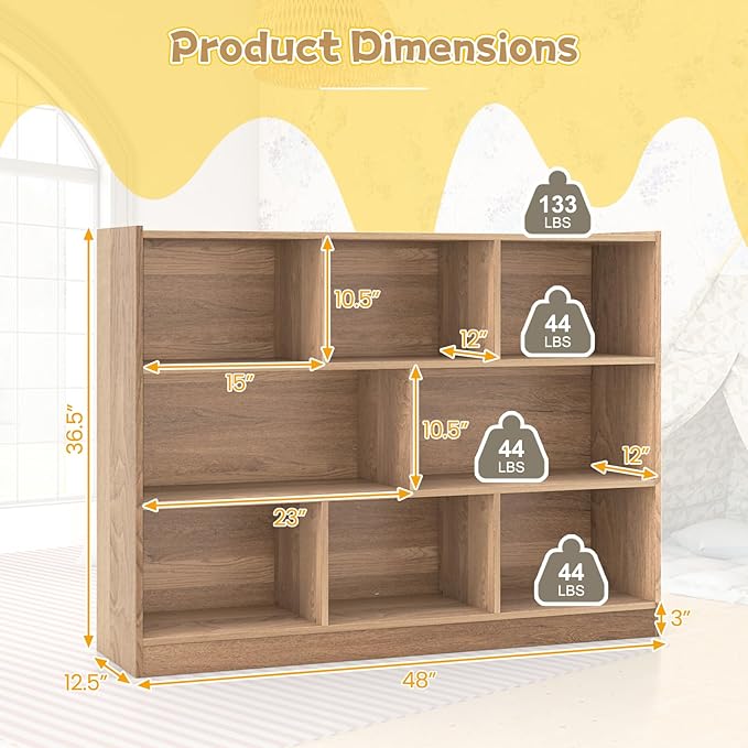 Costzon 3-Shelf Bookcase for Kids, Wooden Toy Storage Organizer for Books Toys, 8-Section Freestanding Classroom Daycare Montessori Bookshelf for Preschool, Home Playroom & Kindergarten (Natural)