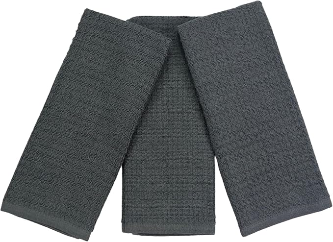 Waffle Grey Kitchen Dish Towels 100% Cotton Cloth Soft Cleaning Drying Absorbent Terry Box Loop: Set of 3 Multipurpose for Everyday Use (Grey Box)