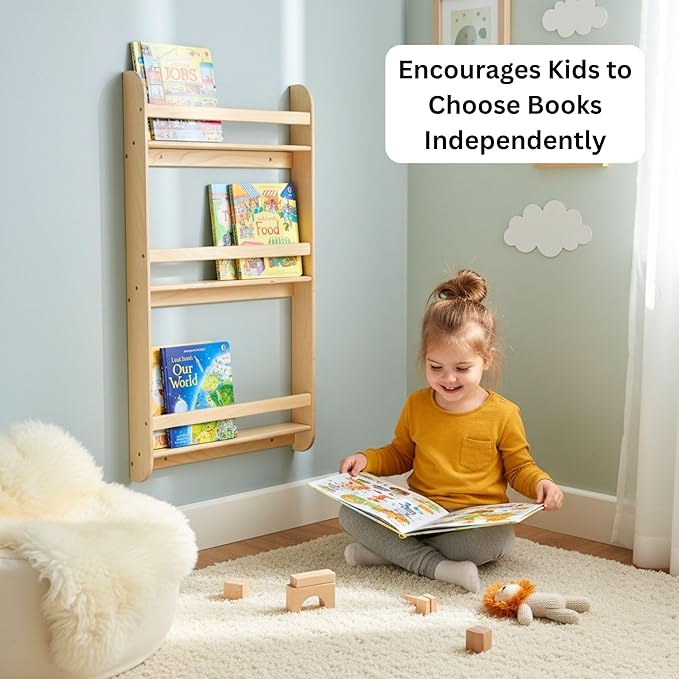 Montessori Wall-Mounted Bookshelf for Toddlers Toy Storage Shelf Organizer for Playroom and Classroom Floor Bookshelves for Kids Room (Natural, L, 3)
