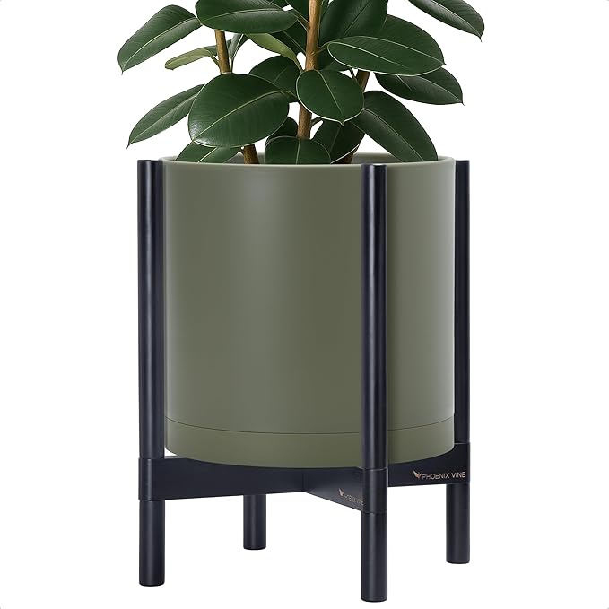 D'vine Dev Planter Pot with Stand - 14 Inch Plastic Cylinder Flower Pot with Wood Planter Holder for Indoor, Olive Pot + Ebony Stand, 55-C-T-3