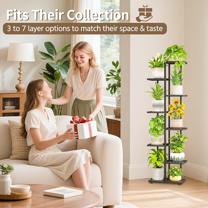 LASZOLA 7 Tier Plant Stand Indoors Outdoors for Large Heavy Duty Planter, Black Metal Tall Flower Holder Rack with Multiple Shelf for Modern Patio Corner, Vertical Organizer, Weather Resistant Bracket
