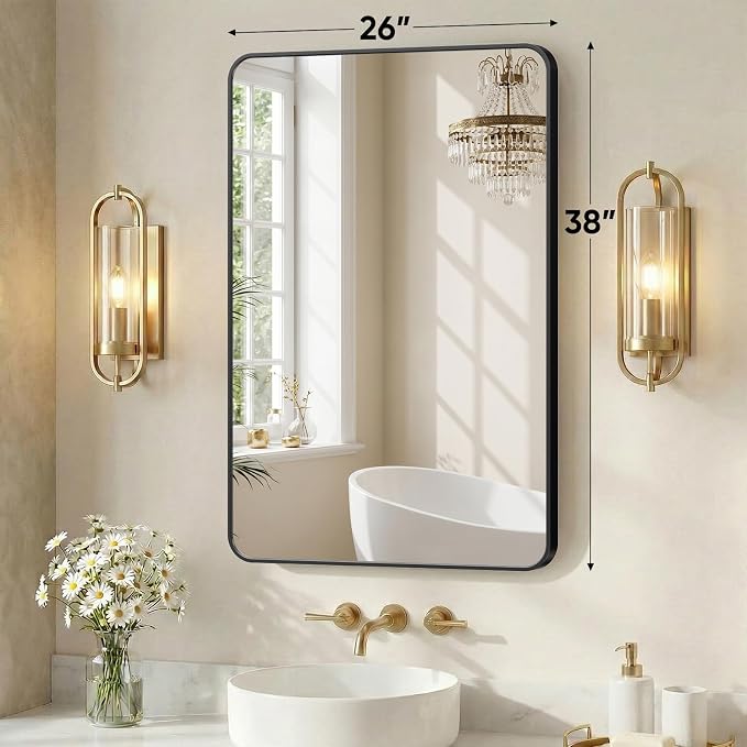 Sweetcrispy Bathroom Mirror for Over Sink, 26x38 Inch Wall Mount Mirror with a Rounded Rectangle and Matte Metal Frame, Modern Wall Vanity Mirrors for Home Decor, Living Room, Bedroom, Black