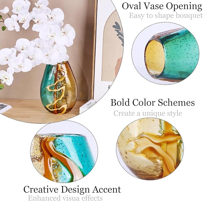 Pretty Hand Blown Glass Vase, Colored Glass Flower Vases Home Decor, Amber and Teal Decorative Murano vase for Living Room Office Bedroom Coastal Table Centerpieces Gift