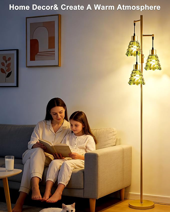 Lightdot 67" Green Glass Floor Lamps for Living Room 3-Light Dimmable Floor Lamp with Glass Shade& Bulbs Included, Mid Century Standing Tall Lamp with 5Lbs Heavy Base for Bedroom/Sofa Beside-Gold