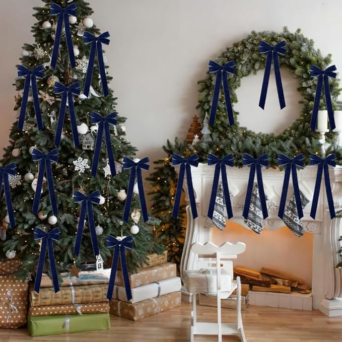 JOICEE 15Pcs Velvet Bows for Christmas Tree, Christmas Wreath Bows Rustic Crafts Gift Bows Velvet Vintage Ribbon Bows for Xmas Home Garland Decorations Holiday Outdoor Indoor Decor(Blue)