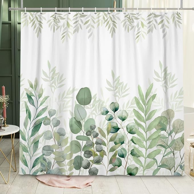 Green Eucalyptus Shower Curtain, Leaf Plant Herbs Spring Nature Waterproof Fabric Machine Washable with Hooks for Bathroom Bathtub Decor 60Wx72H