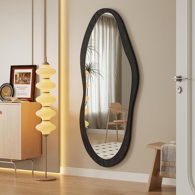 AAZZKANG Irregular Wall Mirror Full Length with Wood Framed Large 47"x20" Black Asymmetrical Full Body Mirrors for Bedroom Living Room Entryway
