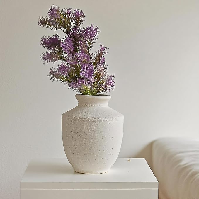 Farmhouse Ceramic Vase for Living Room Bedroom Antique White 7.45'' Flower Bouquet Vase for Fake Plant Home Decor Office Fireplace Centerpieces Rustic Retro Vintage Modern Gift Decoration