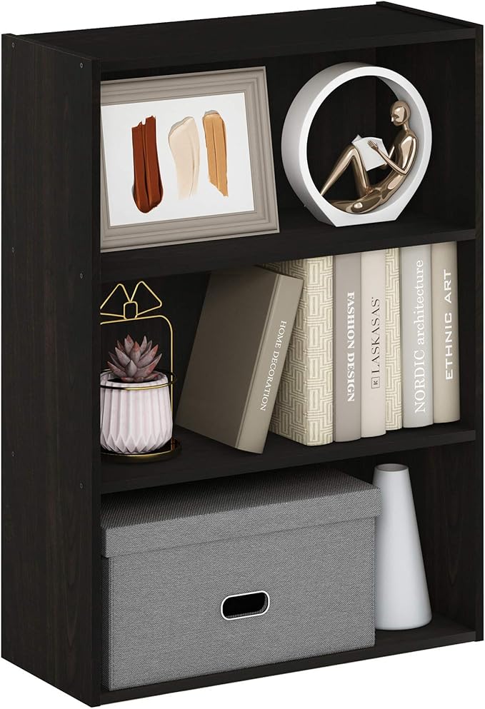 Furinno PASIR Book Shelf, 3-Tier Bookshelf, Storage Shelves Bookcase, 9.7 x 23.7 x 31.5, for Living Room, Bedroom, Home Office, Espresso