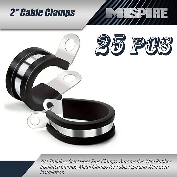 25 PCS 2 inch Cable Clamps, MISPIRE Stainless Steel Hose Pipe Clamps, Automotive Wire Rubber Insulated Clamps, Metal Clamps for Tube, Pipe and Wire Cord Installation