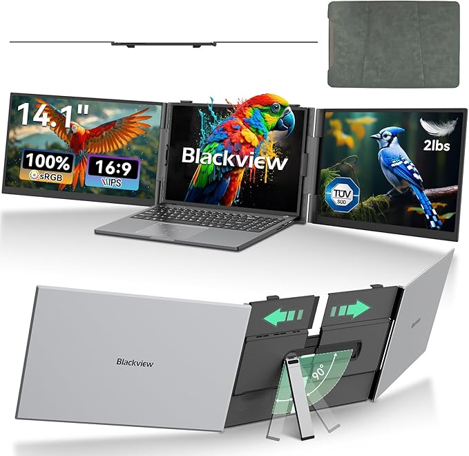 Blackview DCM6 Triple Laptop Screen Extender,14" 1080P FHD IPS Portable External Screen,Two Cable USB C Travel for 13-17'' Laptop,Plug & Play Compatible with Windows/Mac/Chrome OS and Mobile Devices