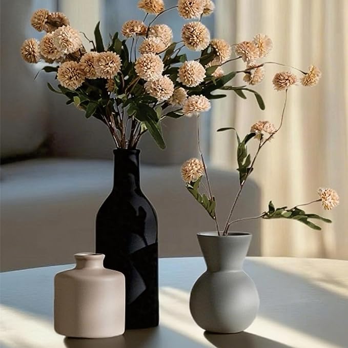 Ceramic Flower Vase Set of 3, Fake Flowers in Vase for Centerpieces with 8 Artificial Autumn Chrysanthemums Artificial Decorative Swags