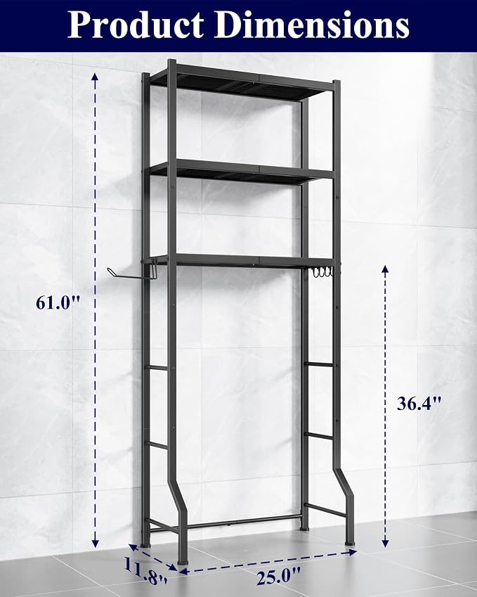 Kitsure Over The Toilet Storage Cabinet, Sturdy Bathroom Organizer, Easy Assembly, 3-Tier Shelf (61" H), Space Saving Storage for Small Bathroom, Heavy Duty Metal Frame, Black