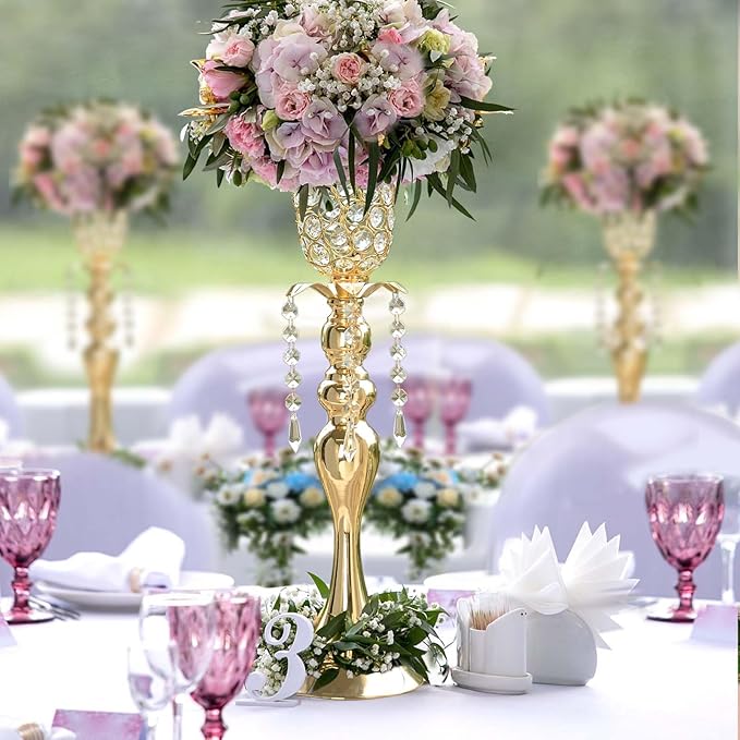 2Pcs Gold Crystal Metal Vase Set - Tulip & Trumpet Wedding Centerpieces, Artificial Flower Arrangement Vases for Home Decor, Restaurant Table Displays