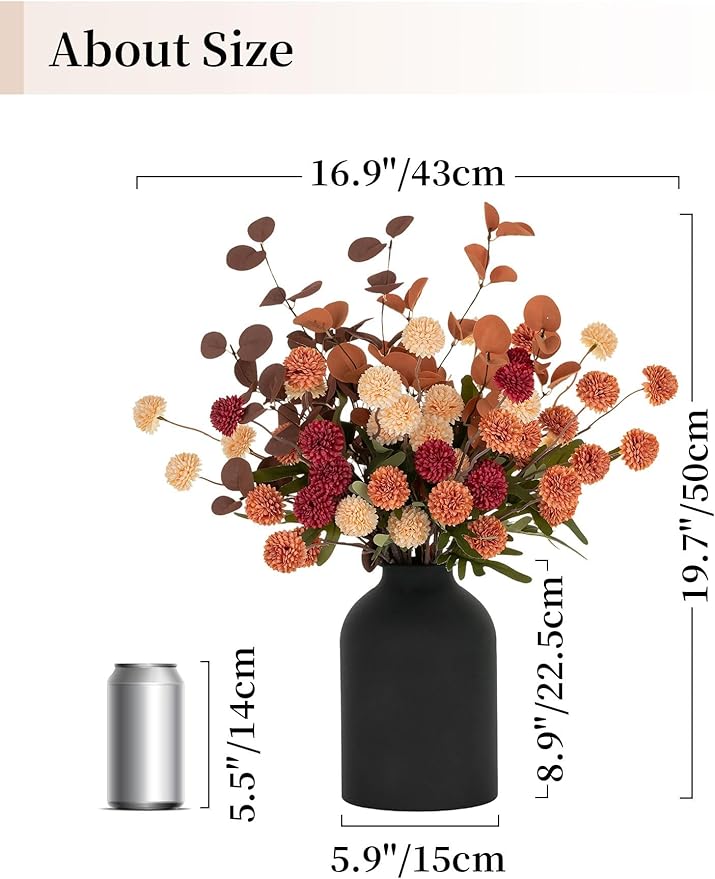 BLOSMON Flower Centerpiece Table Decorations: Metal Vase with 12 Stems of Fake Mums Kiku Flowers Eucalyptuses for Home Dining Room - Burnt Orange Artificial Pom Poms Floral Arrangement in Vase
