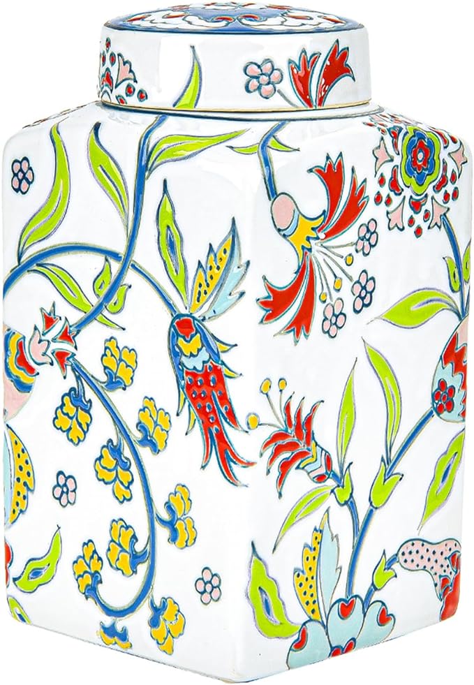 Sungmor Decorative Ceramic Ginger Jar with Lid, Square Ceramic Storage Jar Tea Canister, 8.2" Hand Painted Floral Pattern Porcelain Vase for Table Centerpiece, White Glazed Ginger Jar for Home Decor