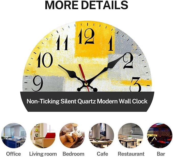 ArtSocket Wooden Wall Clock Silent Non-Ticking, Yellow Grey Abstract Painting Gray Contemporary Art Vintage Round Wall Clocks Decor for Home Kitchen Living Room Office, Battery Operated(12 Inch)