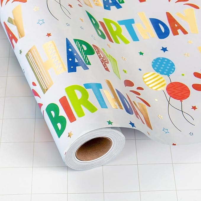 Burymento Birthday Wrapping Paper Roll for Boys Girls Kids Men Women - Colorful Gold Foil Balloon and Stars - Gift Wrap Paper for Birthday Party, 17 In x 32.8 Ft