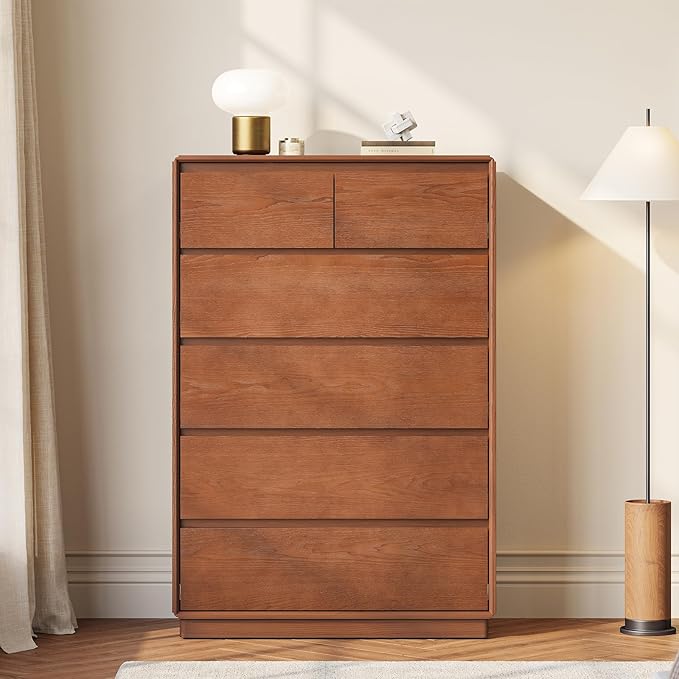 Solid Wood Dresser for Bedroom, Natural Solid Wood 6 Drawer Dresser,45.3" Tall Mid Century Modern Chest of Drawers, Closet Storage Organizer for Living Room, Bedroom