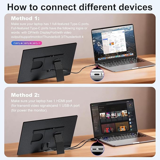 Portable Monitor 16" 1200P FHD Laptop Screen Extender, Horizontal Vertical Monitors with Detachable Kickstand, Built-in Speakers, Plug & Play Computer Gaming Travel Monitor for Wins Mac Chrome Phone