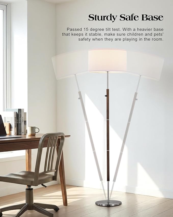 ELYONA Dimmable Floor Lamp Walnut Wood Grain & Brushed Nickel Standing Lamp Mid Century Modern Coner Pole Lamp with White Fabric Shade & Rotary Switch for Living Room Bedroom Office,LED Bulb Included
