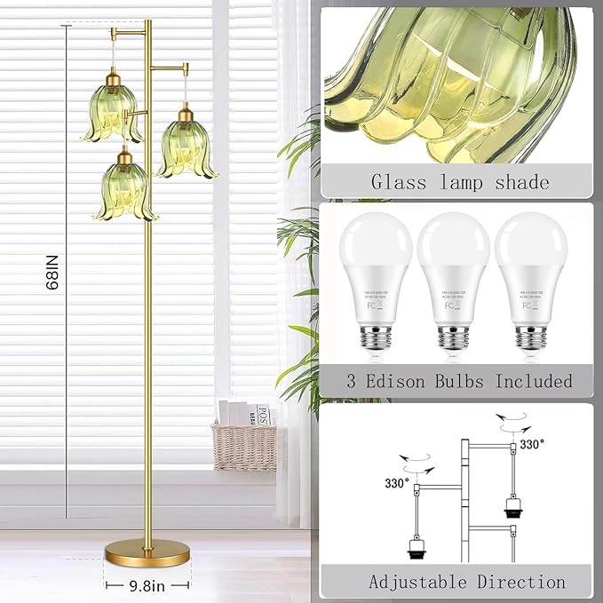QIYIZM Gold Floor Lamp for Living Room,Bedroom,Tree 3 Light Standing Lamp Mid Century Modern Brass Tall Floor Lamps Vintage Retro Floor Lights Green Glass Flower Lamp Shade Farmhouse Boho Bohemian