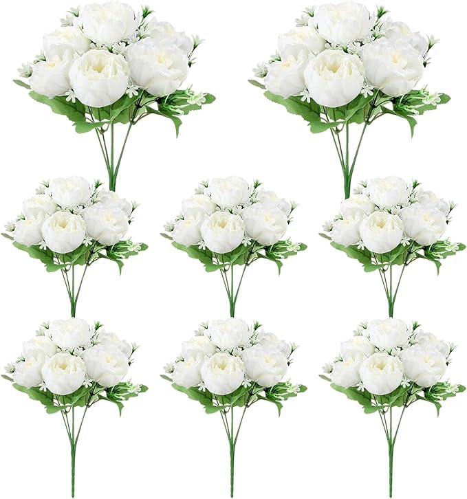 8 Pack White Peonies Artificial Flowers, Fake Silk Hydrangea Bouquet for Bridal Wedding Home Table Decor Reusable Dining Opening Ceremony Birthday Arrangement Faux Floral