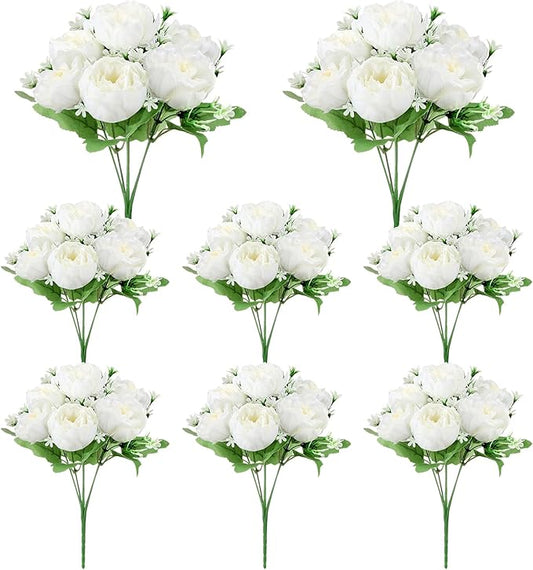 8 Pack White Peonies Artificial Flowers, Fake Silk Hydrangea Bouquet for Bridal Wedding Home Table Decor Reusable Dining Opening Ceremony Birthday Arrangement Faux Floral