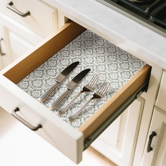 Drawer Liner and Shelf Liner for Kitchen Cabinet Liner Non-Adhesive Non-Slip Shelf Paper, Thick Strong Grip Waterproof Easy to Clean for Shelves, Cupboard, Desks, Baroque Pattern, 12 in x 10 FT