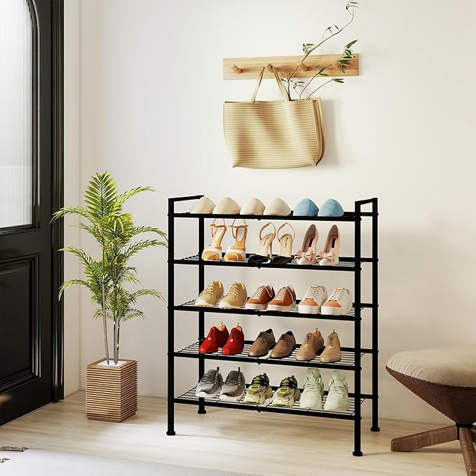 DongRong 5-Tier Shoe Rack,Metal Simple Shoe Storage Organizer Utility Shelf for Closet,Entryway, Bedroom,Small Spaces (Black, 5 Tier)