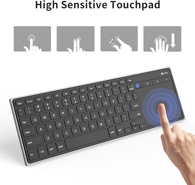 CZUR Rechargeable Bluetooth Keyboard with Touchpad, Portable Computer Keyboard with Trackpad, Wireless Ultra Slim Keyboard for PC/Laptop/Tablet/Phone, for Windows/Android/Mac/iOS