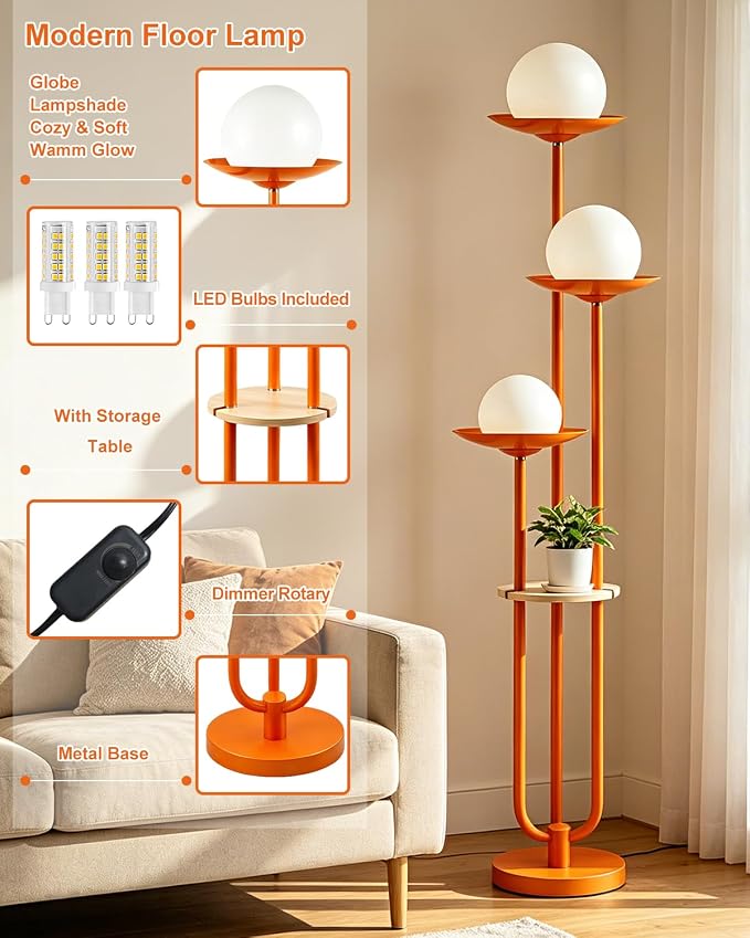 63IN Globe Floor Lamp with Shelf 3-Lights Modern Dimmable Orange Floor Lamps with 3000K Soft Warm White Bulbs for Wedding/Party, Tall Standing Lamp with 5Lbs Heavy Base for Living Room/Bedroom
