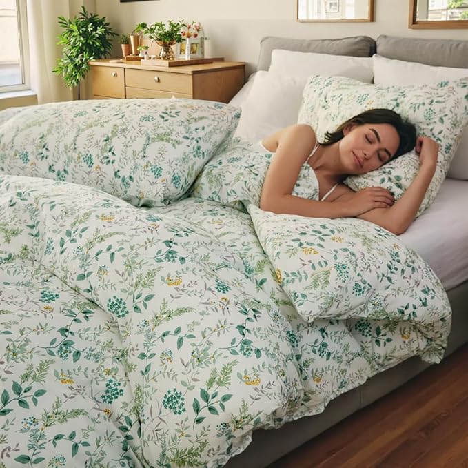 100% Cotton Duvet Cover Sets Queen Size Reversible Green Garden Bedding Sets Duvet Cover Super Soft Comforter Cover with Zipper Closure, Lightweight, Breathable
