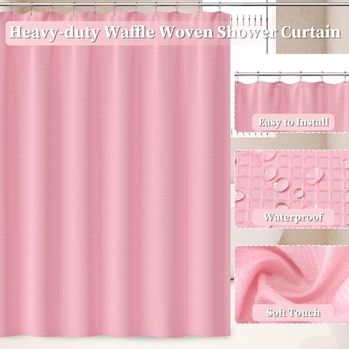 Bathroom Accessories Set, 25PCS Wicker Bathroom Accessory Set with Shower Curtain, Bath Mat, Soap Dispenser, Handwoven Trash Can & Rattan Tissue Box (Pink, Bath Set+Shower Curtain+Rugs)