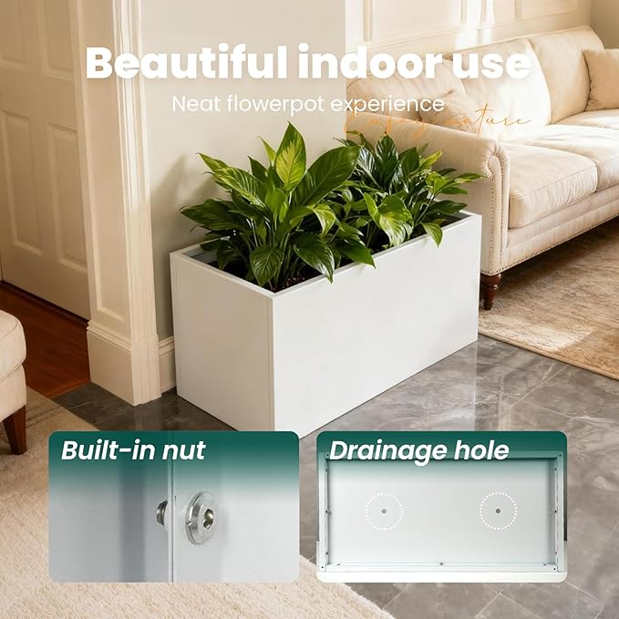 White Steel Rectangular Planter Metal Outdoor Indoor Planter Box 31.5" L x 16" W x 16" H Galvanized Steel Large Rectangle Planters Modern Commercial Residential for Trees Patio Yard Garden