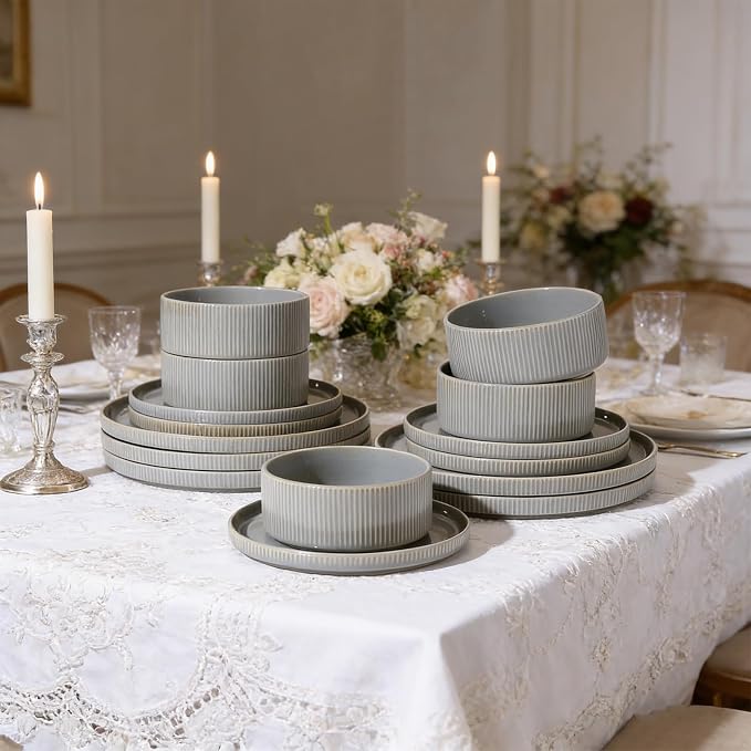 MONITO Ceramic Dinnerware Sets for 4, 12PCS Stoneware Plates and Bowls Sets, Reactive Glaze Dish Set, Chip and Scratch Resistant Double, Microwave and Dishwasher Safe, Sage Mist