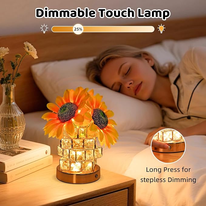 Sunflower Gifts for Women, 4000mAh Rechargeable Flower Lamp with 3-Color Stepless Dimming, Touch Control Cordless Table Lamp Night-Light for Home Decor,Unique Birthday Gifts for Women