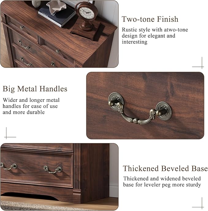 Walnut 6 Drawer Dresser for Bedroom, 47" Tall Dresser, Wood Rustic Chest of Drawers with Chic Wood Pilasters, Dressers Organizer for Bedroom, Hallway, Living Room