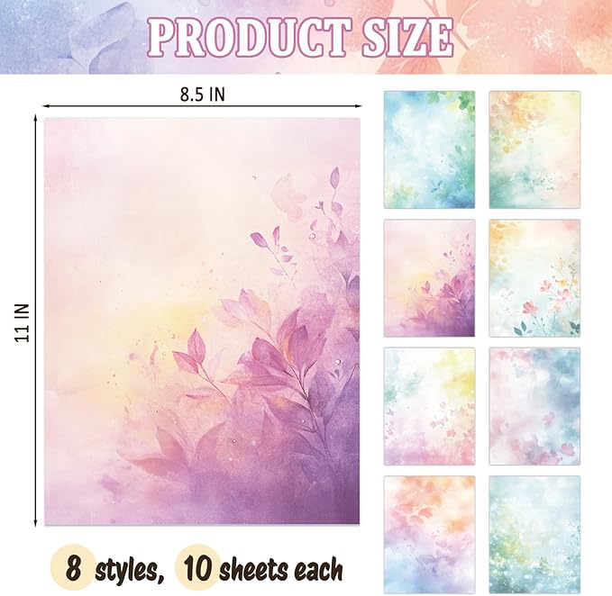 Tlenpo Watercolor Stationery Paper, 8.5 x 11In, 88 Sheets Double-Sided for Business or Personal Use - Decorative Scrapbook Writing Letters and Invitations, 100gsm