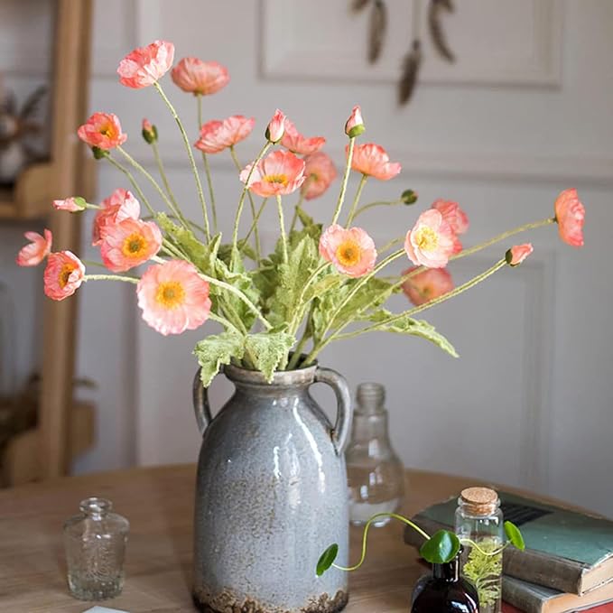 Artificial Flowers 6 Stems Poppy Silk Bouquet,for Wedding, Home, Party Decoration,Table Centerpiece Arrangement(Orange Pink 6pcs)