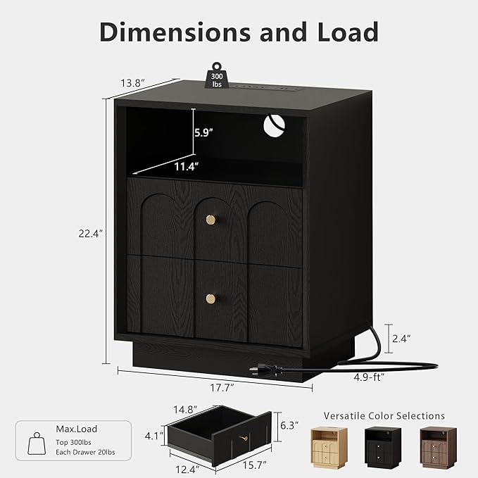 Nightstand with Charging Station, Modern Nightstand with Arched Design, Minimalist End Table with Wood Grain Texture, Bedside Table for Bedroom Living Room Sofa Office, Black