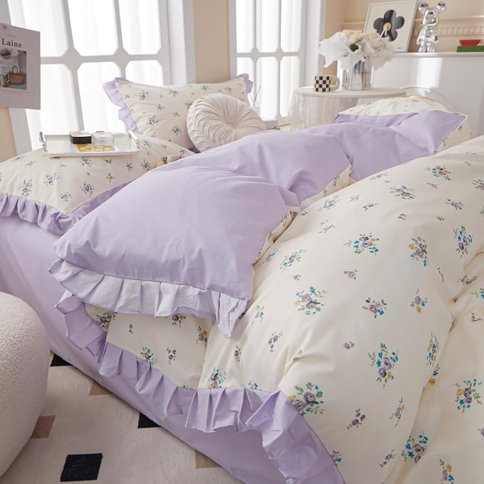 Purple Lace Duvet Cover Queen Soft 100% Cotton Purple Flower Duvet Cover Girls Floral Comforter Cover Garden Style Princess Bedding Set Cottagecore Flower Ruffle Comforter Cover with Zipper Closure