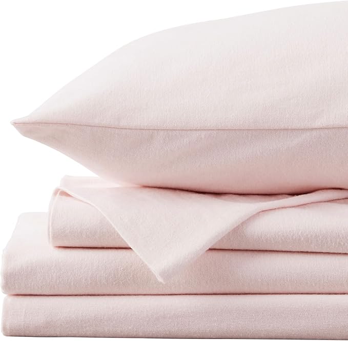 Market & Place 100% Turkish Cotton Flannel Sheet Set | 4 Piece Deep Pocket Solid Cozy Winter Bed Sheets | Double Brushed for Extra Softness & Comfort | Chalet Collection (King, Blush Pink)