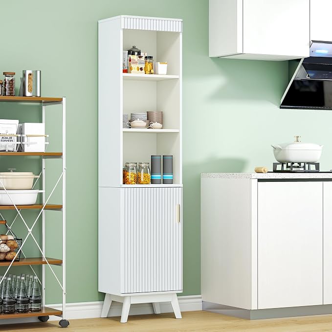 Bifins 68" Tall Bathroom Storage Cabinet,Narrow Fluted Tower Cabinet with Door and Shelves,Slim Space Saving Storage Unit for Bathroom Kitchen Living Room (White, 11.8" D x 15.75" W x 68" H)